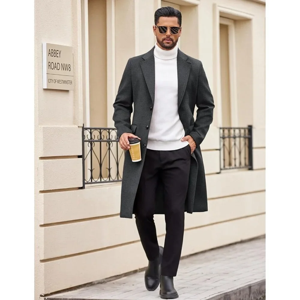 Men's Dark Grey Trench Coat Long Casual Notched Collar Wool Blend Pea coat